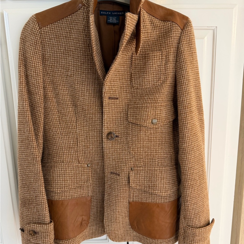 Ralph Lauren Tan Tweed Jacket with Leather Trim